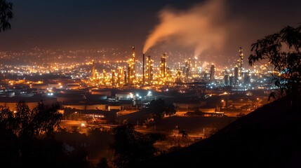 Fototapeta premium A city skyline at night with a large smoke plume coming from a nearby industrial plant. The city is lit up with lights from the buildings and the smoke plume creates a sense of danger and pollution