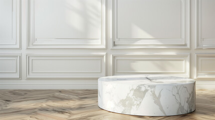 Round Marble Display Podium in Beige Elegant Interior

