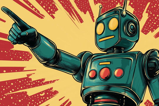 A retro-style illustration shows a robot pointing with its hand, promoting a sale. It's drawn in a colorful, vintage pop art style reminiscent of the 1950s and 60s
