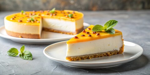 Delicious sliced passion fruit cheesecake on a white plate, passion fruit, cheesecake, dessert, sliced, sweet, decadent