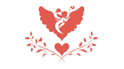 Romantic and Playful Cupid Illustration with Wings Holding a Heart Surrounded by Decorative Leaves and Floral Elements for Love and Valentine's Day Themes