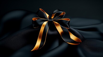 Black and Gold Ribbon on Smooth Fabric Texture Close-up AI Generated