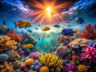 A vibrant underwater paradise showcased: silhouetted coral and diverse reef biodiversity.