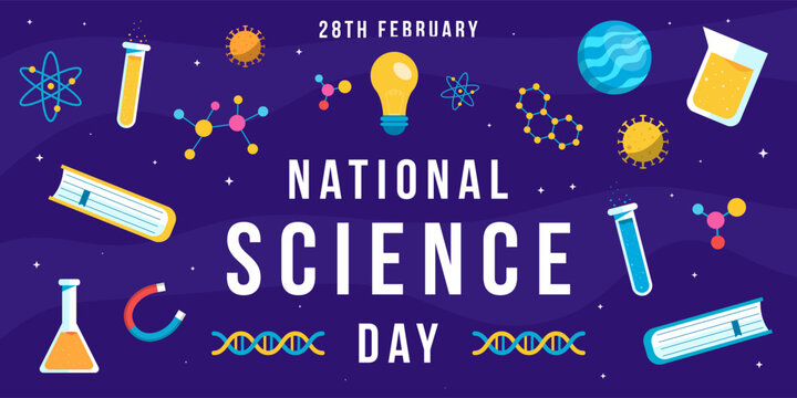 national science day horizontal banner illustration in flat style