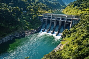 Hydroelectric Dam Surrounded by Lush Green Valleys and Flowing River in a Picturesque Landscape
