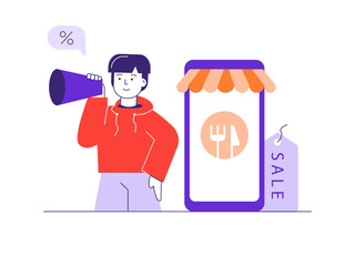 Man promotion online food. Online Food illustration. Flat vector illustrations