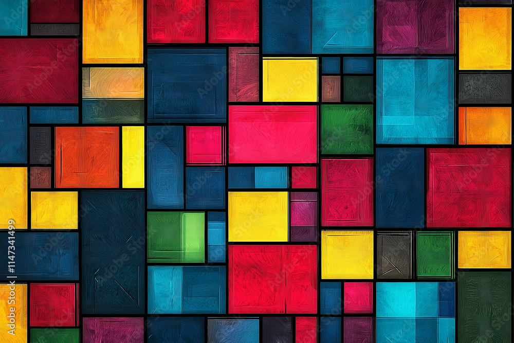 Poster a vibrant abstract mosaic grid square of colorful geometric blocks, perfect for use in modern graphi