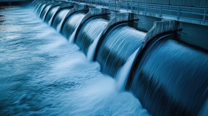 Fototapeta premium A close-up of the water intake structure at a hydroelectric facility, illustrating the engineering involved in harnessing water for energy. The image emphasizes the importance of infrastructure in