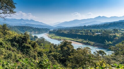 A panoramic view of a river valley with several hydroelectric plants visible along the banks, illustrating the comprehensive approach to harnessing renewable energy from water. The lush environment