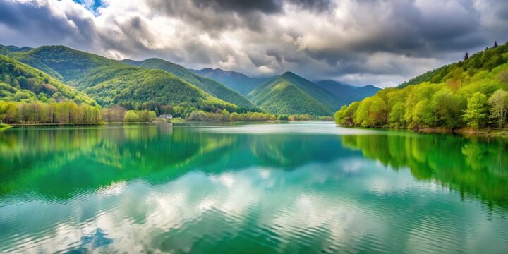 Tranquil lake Nohur on a cloudy spring day in Gabala, Azerbaijan, lake, Nohur, water, reflection, cloudy, spring, day