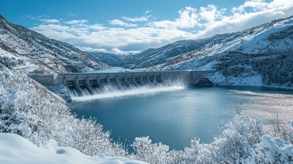 A vibrant winter landscape featuring a hydroelectric dam surrounded by snow-covered hills. The scene captures the contrast between the cold environment and the warmth of renewable energy, emphasizing