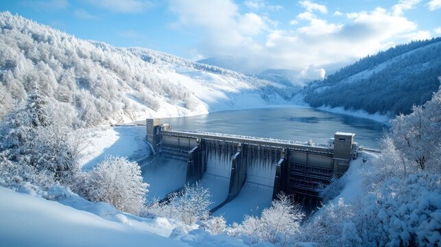 A vibrant winter landscape featuring a hydroelectric dam surrounded by snow-covered hills. The scene captures the contrast between the cold environment and the warmth of renewable energy, emphasizing