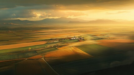 Aerial view of autumnal farmland at sunset, showing fields, village, and mountains in the distance.