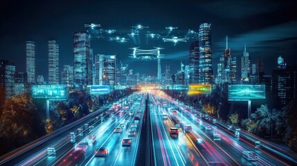 Futuristic city highway with autonomous vehicles and drones.