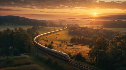 High-speed train traversing a scenic rural landscape at golden sunrise.