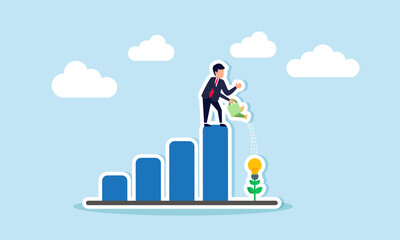 A businessman waters a lamp plant atop a chart, illustration of maintaining creativity in generating business ideas and innovations to stay up to date