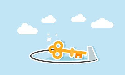 Cutting around a key with a saw, illustration of a business solution threatened to be irrelevant and unusable