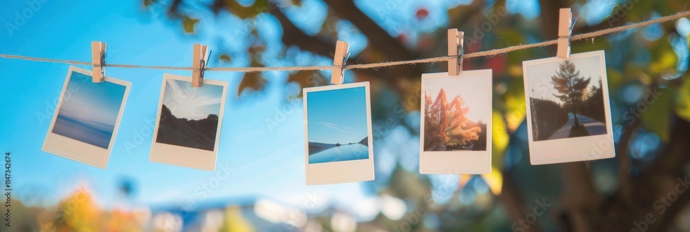 Poster polaroid photos beautifully displayed on string with clothespins against a bright, natural backgroun