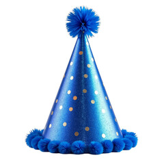 Blue party hat with gold polka dots  blue pompoms