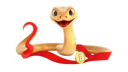 Fototapeta premium Cartoon Snake with a Happy Expression Wearing a Red Ribbon and Gold Coin Symbolizing Cryptocurrency and Blockchain Technology Innovation in a Playful Design