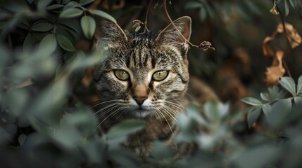 Naklejka premium A Tabby Cat Hidden in the Greenery