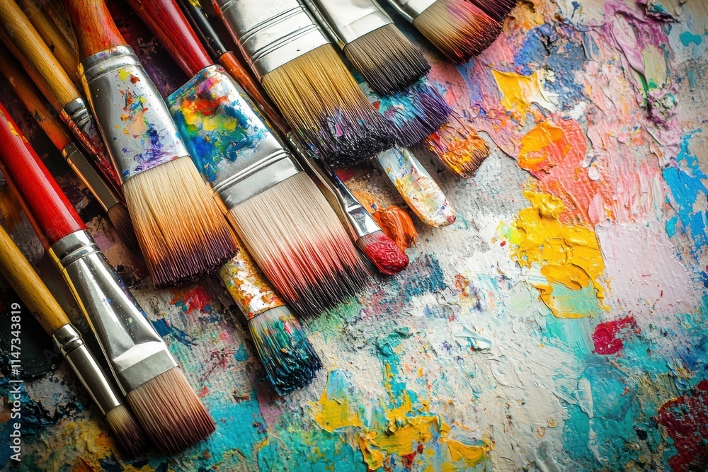 Leinwandbilder inspiring artist tools with vibrant paints and brushes arranged on a colorful canvas in a creative w