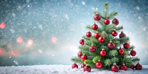 Christmas tree with red baubles and snowy background, Christmas, background, tree, decorations, red, baubles, snow