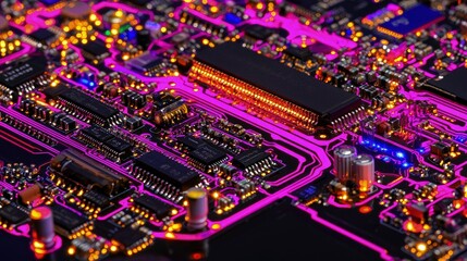 Obraz premium Close-up of illuminated circuit board with vibrant pink and orange traces.
