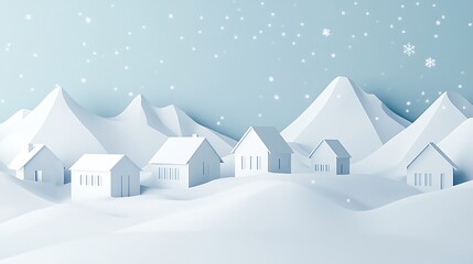 Fototapeta premium Serene Winter Landscape with Snow Covered White Houses and Mountains
