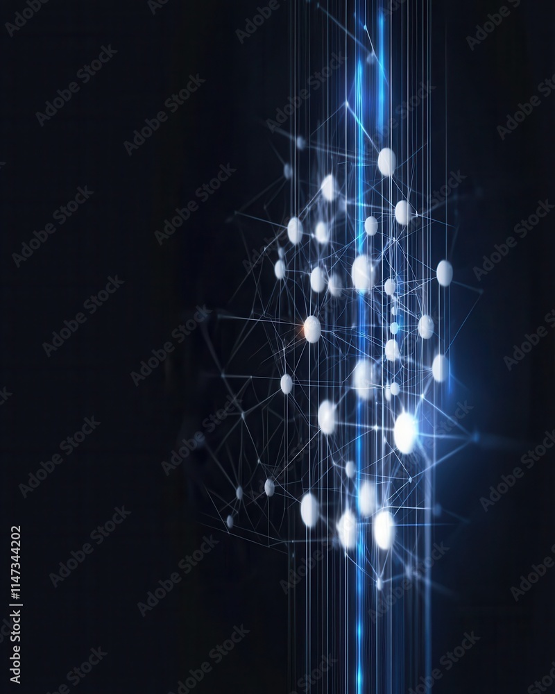 Poster neural network visualization with glowing white nodes abstract data representation in dark environme