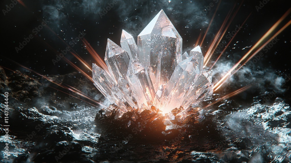 Poster radiant multifaceted crystal orb surrounded by refracted light studio setting 3d dark environment cl