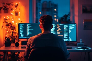 Programmer coding at night.  Software development concept.