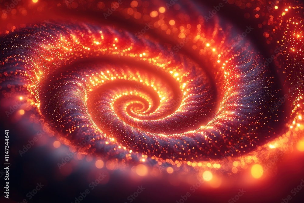 Poster dynamic red and gold light trails spiraling in a cosmic environment abstract art vibrant patterns