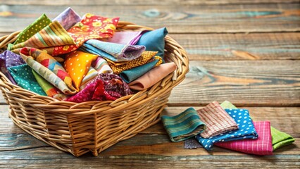 Fototapeta premium Colorful fabric scraps in wicker basket, eco-friendly upcycled concept, recycled, textile, cuts, fabric, scraps