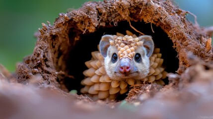 Obraz premium Adorable eared hedgehog peeking from its burrow.