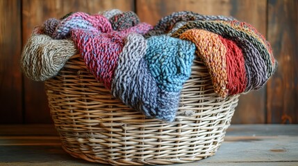 Cozy wicker basket filled with colorful yarn, partially knitted scarf in progress, perfect for illustrating knitting projects, creativity, and the therapeutic nature of crafting and making