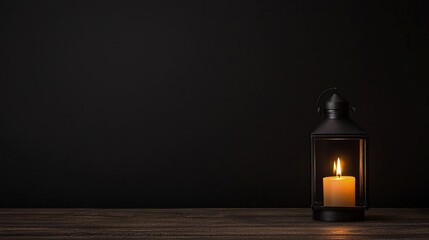 Lit candle in black lantern on dark wood.