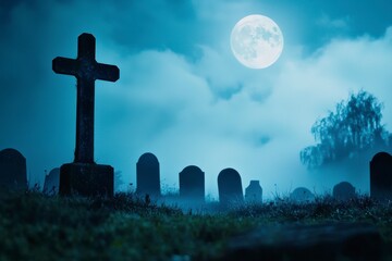 Eerie Night Scene at a Graveyard Featuring a Full Moon Illuminating Foggy Tombstones and a Mysterious Atmosphere Perfect for Halloween Themes and Spooky Imagery