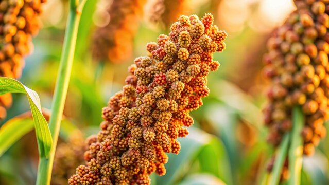 Close-up shot of finger millet (ragi) plant with ripe seeds on a blurred background, finger millet, ragi, madua, kodo
