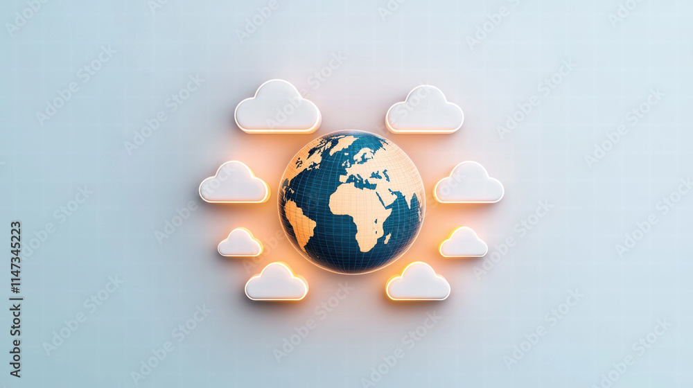 Poster digital globe surrounded by glowing clouds, representing global connectivity and weather. design fea
