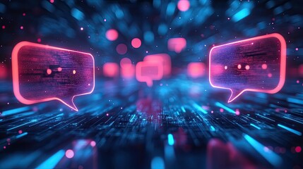 Creative GPT chat hologram with speech bubbles on a blurred blue background, representing the concept of artificial intelligence and natural language processing, showcasing advanced 