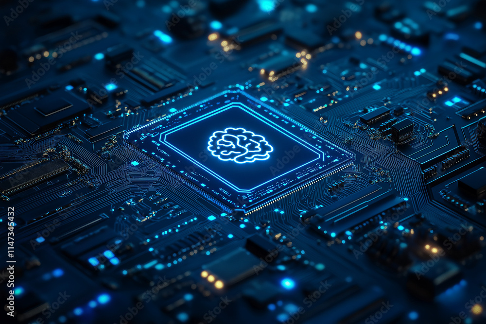 Poster abstract blue digital technology background with chip and brain icon on dark virtual circuit board f