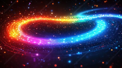 Dynamic rainbow light trails swirling like a vortex abstract digital art dark background vibrant colors eye-catching design