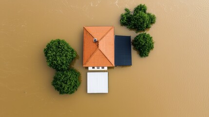 Aerial view of a house partially submerged in brown floodwaters, surrounded by trees, illustrating the impact of flooding.