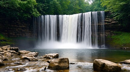 Fototapeta premium Serene Waterfall Cascading Over Rocks Surrounded by Lush Green Trees in a Breathtaking Natural Landscape Ideal for Nature Lovers and Outdoor Enthusiasts