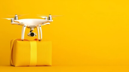 White drone carrying yellow package, modern delivery and aerial photography innovation on vibrant yellow backdrop