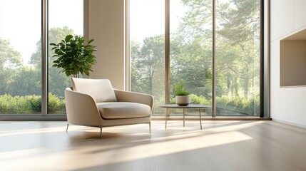 Fototapeta premium Minimalist living room with modern furniture. Featuring a neutral color palette and spacious design