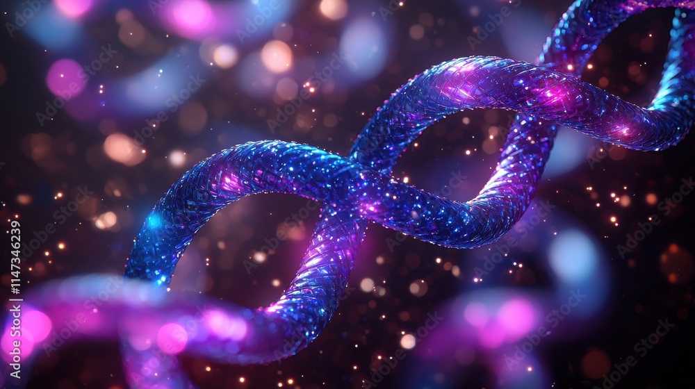 Poster vibrant violet and blue light ribbons twisting in dna structure abstract visualization sci-fi enviro