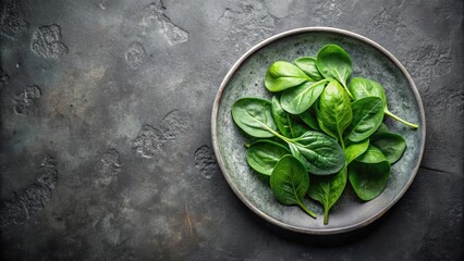 Obraz premium Fresh spinach leaves on a round, gray plate on a dark, textured surface, spinach, leaves, vibrant, green, contrast, dark