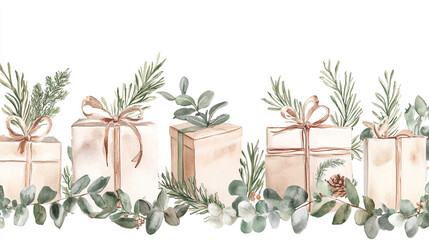 Holiday gift boxes decorated with greenery for festive celebration. 